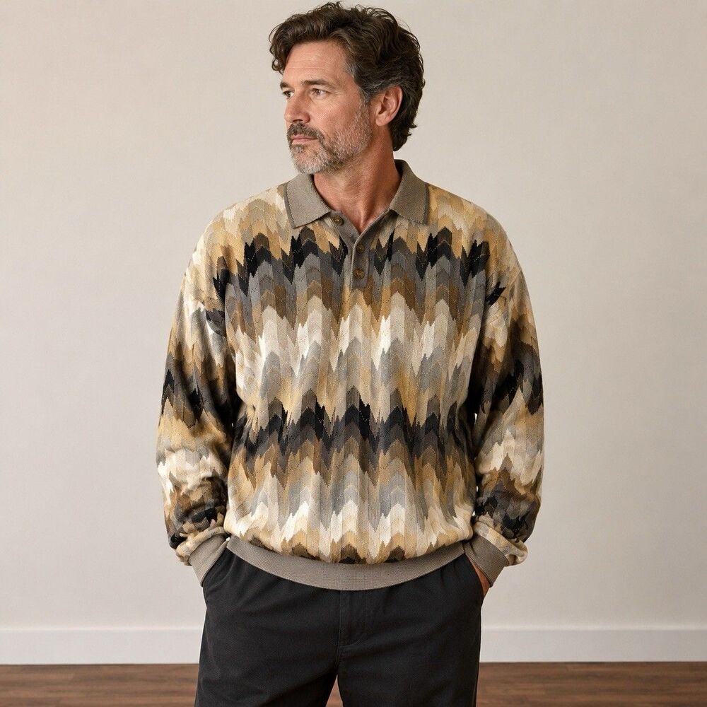 Vintage Tundra Canada XXL Cotton Chevron Knit Polo Sweater Made Canada